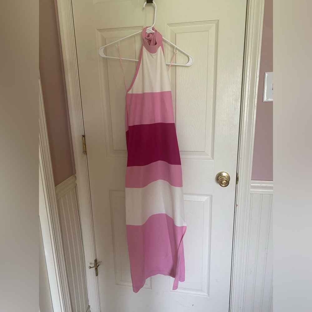 NWT. Bebe Pink and White striped Halter neck Midi Dress. Size Medium